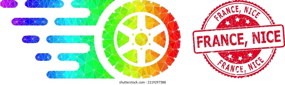 Red round dirty FRANCE, NICE stamp seal and low-poly tire wheel icon with rainbow colored gradient. Triangulated spectral colorful tire wheel polygonal 2d illustration with France,