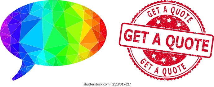 Sucio rojo redondo OBTENER un sello CITA e icono de nube de mensajes bajos con gradiente vibrante del espectro.