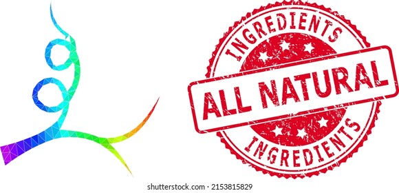 Red round dirty INGREDIENTS ALL NATURAL stamp seal and low-poly liana sprout icon with rainbow colored gradient.