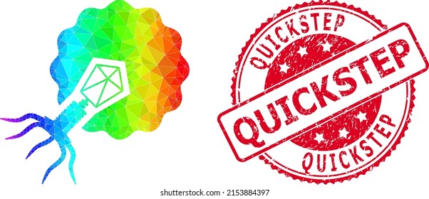 Red round dirty QUICKSTEP stamp and low-poly virus infecting cell icon with rainbow colorful gradient. Triangulated rainbow colorful virus infecting cell polygonal icon illustration.