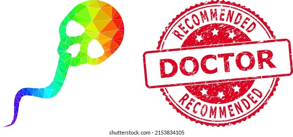Red round dirty RECOMMENDED DOCTOR badge and low-poly dead sperm icon with rainbow vibrant gradient. Triangulated spectral vibrant dead sperm polygonal symbol illustration.