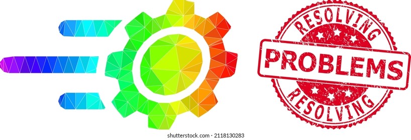 Red round dirty RESOLVING PROBLEMS badge and low-poly rush gear icon with rainbow colorful gradient.