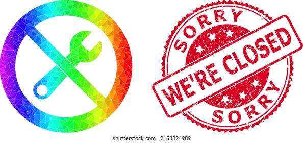 Red round dirty SORRY WE'RE CLOSED seal and low-poly stop repair icon with spectrum colored gradient.