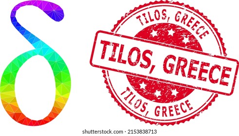 Red round dirty TILOS, GREECE seal and lowpoly Delta small letter icon with spectral colored gradient. Triangulated rainbow colored Delta small letter polygonal icon illustration with Tilos,