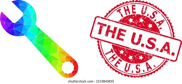 Red round dirty THE U.S.A. seal and lowpoly spanner icon with rainbow colored gradient. Triangulated spectral colorful spanner polygonal icon illustration with The U.S.A. grunge round red seal print.