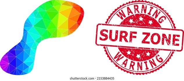 Red round dirty WARNING SURF ZONE seal and lowpoly spot icon with spectral vibrant gradient. Triangulated spectral colorful spot polygonal 2d illustration.