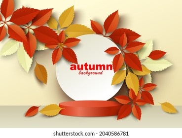 Red round display podium mockup, paper cut autumn season red and yellow leaves, vector illustration. Fall floral background for products advertising.