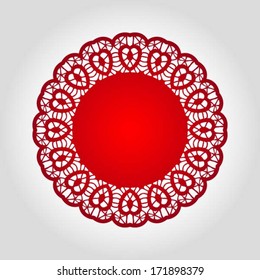 Red round doily - Valentine's Day symmetrical decor / design with beautiful hearts, vector
