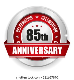 Red round eighty-five year anniversary badge with ribbon
