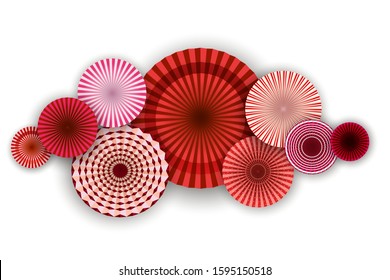 Red round fans on a white background. Paper festive geometric umbrella for the holiday. Beautiful asian banner and background for design, weddings, invitations, printing, card for Valentine's Day