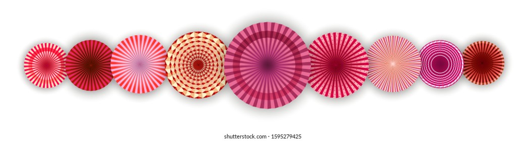 Red round fans on a white background. Paper festive geometric umbrella for the holiday. Beautiful asian border and background for design, weddings, invitations, printing, banner, Valentine's Day card