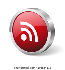 Red round feed reader button with metallic border on white background