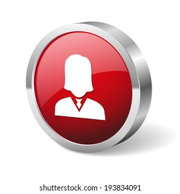 Red round female member button with metallic border on white background
