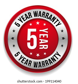 Red round five year warranty badge on white background