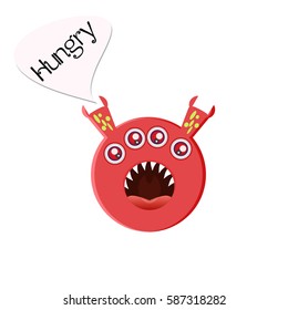 Red round four-eyed monster with big open mouth. Hungry character in a cartoon style. Vector illustration on a white background. Emoji isolated for your design needs