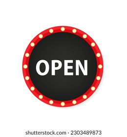 Red round frame open with light bulb on white isolated background. Banner space for advertising, promotion and text, sale billboard, cinema, bar show. Vector illustration