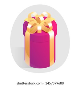 Red round gift box with golden bow. Isometric vector icon in shadow circle isolated on white background.