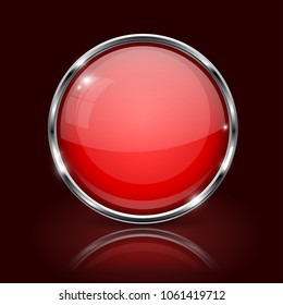 Red Round Glass Button. 3d Icon With Metal Frame On Dark Red Background. Vector Illustration