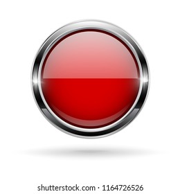 Red round glass button with metal frame. Vector 3d illustration isolated on white background