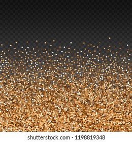 Red round gold glitter luxury sparkling confetti. Scattered small gold particles on transparent background. Amazing festive overlay template. Pleasing vector illustration.