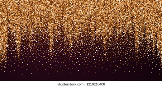 Red round gold glitter luxury sparkling confetti. Scattered small gold particles on red maroon background. Awesome festive overlay template. Neat vector illustration.