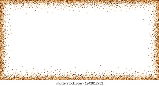 Red round gold glitter luxury sparkling confetti. Scattered small gold particles on white background. Bold festive overlay template. Overwhelming vector illustration.