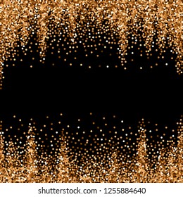 Red round gold glitter luxury sparkling confetti. Scattered small gold particles on black background. Alive festive overlay template. Cool vector illustration.