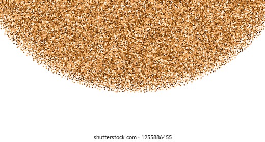 Red round gold glitter luxury sparkling confetti. Scattered small gold particles on white background. Captivating festive overlay template. Shapely vector illustration.