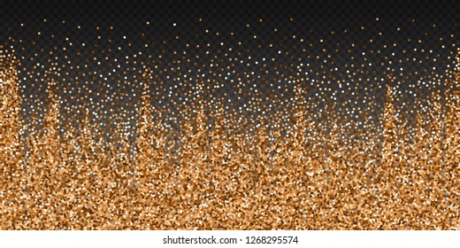 Red round gold glitter luxury sparkling confetti. Scattered small gold particles on transparent background. Beautiful festive overlay template. Powerful vector illustration.