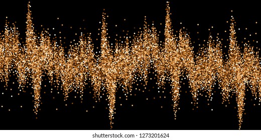 Red round gold glitter luxury sparkling confetti. Scattered small gold particles on black background. Beauteous festive overlay template. Grand vector illustration.