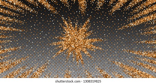 Red round gold glitter luxury sparkling confetti. Scattered small gold particles on transparent background. Attractive festive overlay template. Brilliant vector illustration.