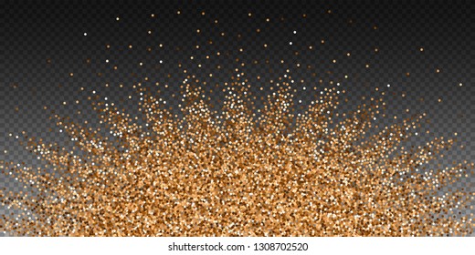 Red round gold glitter luxury sparkling confetti. Scattered small gold particles on transparent background. Authentic festive overlay template. Resplendent vector illustration.