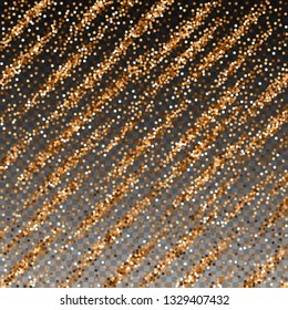 Red round gold glitter luxury sparkling confetti. Scattered small gold particles on transparent background. Alluring festive overlay template. Appealing vector illustration.