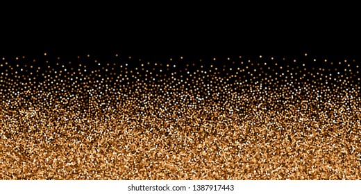 Red round gold glitter luxury sparkling confetti. Scattered small gold particles on black background. Brilliant festive overlay template. Extra vector illustration.