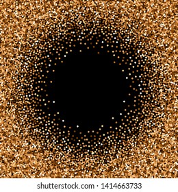 Red round gold glitter luxury sparkling confetti. Scattered small gold particles on black background. Artistic festive overlay template. Alluring vector illustration.