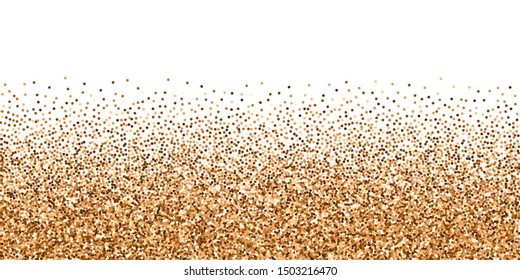 Red round gold glitter luxury sparkling confetti. Scattered small gold particles on white background. Brilliant festive overlay template. Fair vector illustration.