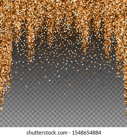 Red round gold glitter luxury sparkling confetti. Scattered small gold particles on transparent background. Admirable festive overlay template. Unusual vector illustration.