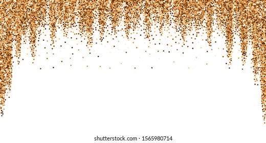 Red round gold glitter luxury sparkling confetti. Scattered small gold particles on white background. Beauteous festive overlay template. Uncommon vector illustration.