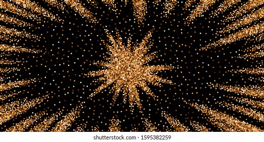 Red round gold glitter luxury sparkling confetti. Scattered small gold particles on black background. Attractive festive overlay template. Bold vector illustration.