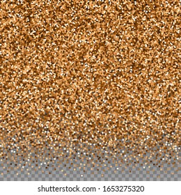 Red round gold glitter luxury sparkling confetti. Scattered small gold particles on transparent background. Amazing festive overlay template. Enchanting vector illustration.