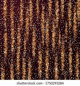 Red round gold glitter luxury sparkling confetti. Scattered small gold particles on red maroon background. Alluring festive overlay template. Good-looking vector illustration.