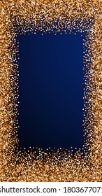 Red round gold glitter luxury sparkling confetti. Scattered small gold particles on dark blue background. Enchanting festive overlay template. Trending vector background.