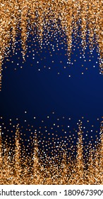 Red round gold glitter luxury sparkling confetti. Scattered small gold particles on dark blue background. Emotional festive overlay template. Extraordinary vector background.