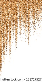 Red round gold glitter luxury sparkling confetti. Scattered small gold particles on white background. Emotional festive overlay template. Mind-blowing vector background.