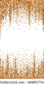 Red round gold glitter luxury sparkling confetti. Scattered small gold particles on white background. Emotional festive overlay template. Fabulous vector background.