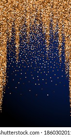 Red round gold glitter luxury sparkling confetti. Scattered small gold particles on dark blue background. Eminent festive overlay template. Splendid vector background.