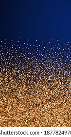 Red round gold glitter luxury sparkling confetti. Scattered small gold particles on dark blue background. Energetic festive overlay template. Classic vector background.