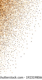 Red round gold glitter luxury sparkling confetti. Scattered small gold particles on white background. Ecstatic festive overlay template. Powerful vector background.
