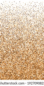 Red round gold glitter luxury sparkling confetti. Scattered small gold particles on white background. Excellent festive overlay template. Comely vector background.