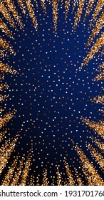 Red round gold glitter luxury sparkling confetti. Scattered small gold particles on dark blue background. Divine festive overlay template. Powerful vector background.